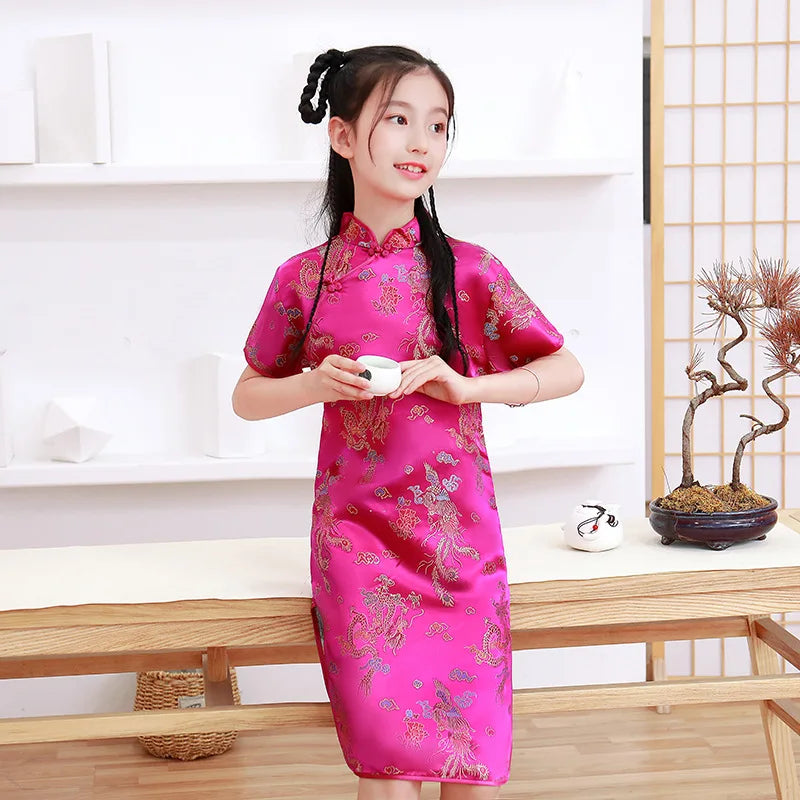 Summer Children Cheongsam Dragon Phoenix Embroidery Qipao Princess Dress Chinese Style Dresses New Year Qipao Gift Tang Clothes