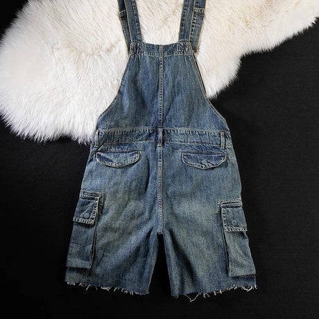 Men Denim Bib Overalls Shorts Summer Multi Pockets Cargo Jeans Casual Distressed Fringe Loose Coveralls Jumpsuits