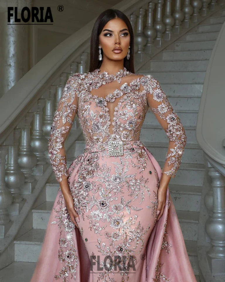 Gorgeous Dubai Mermaid Evening Dresses Flowers Lace Appliques Wedding Party Gowns Arabia Formal Occasion Dress robe de soirée