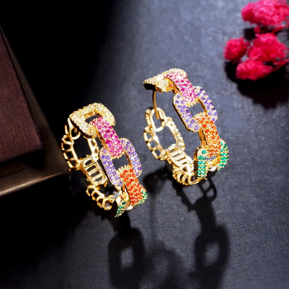 CWWZircons New Trendy Colorful Micro Pave CZ Stones Gold Plated Geometric Cuban Chain Link Hoop Earrings for Women Jewelry CZ345