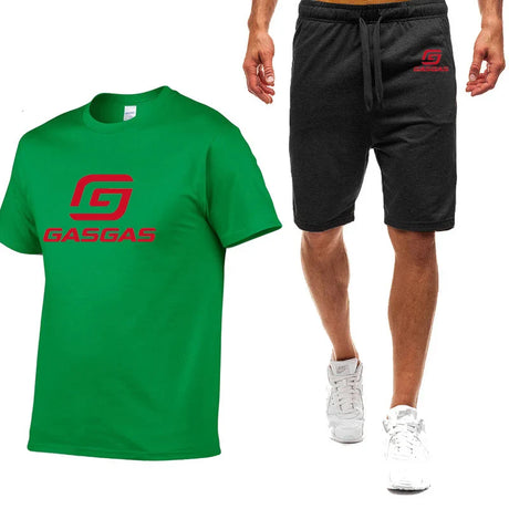 Motorcycles GasGas Summer Men's Sportswear Shorts Set Short Sleeve Breathable Grid T-Shirt Shorts Casualwear Basketball Training