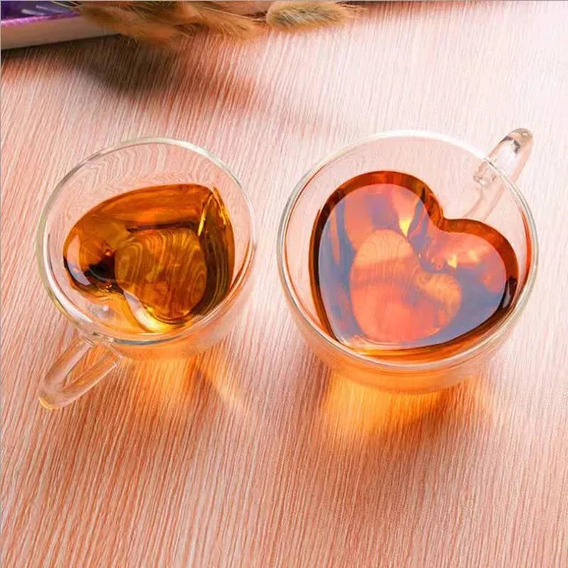 Heart Love Shape Glass Coffee Mug Cup Double Wall Drinking Tea Milk Juice Water Glasses Heat Resistant Drinkware Set Lover Gift