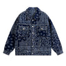 Men Paisley Bandana Print Denim Jacket Streetwear Pattern Jacquard Weave Coat Fashion Loose Long Sleeve Outerwear Black Blue