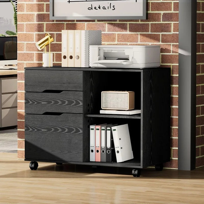 OLIXIS, 3 Drawer Mobile Lateral File Cabinet Home Office Printer Stand with Open Storage Shelves, Black,  Office Cabinet