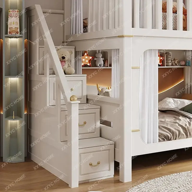 Modern High And Low Kids Bed With Ladder Cabinet Safety Fence Bunk Bed  Multifunctional Solid Wood Children Bed For Boy And Girl