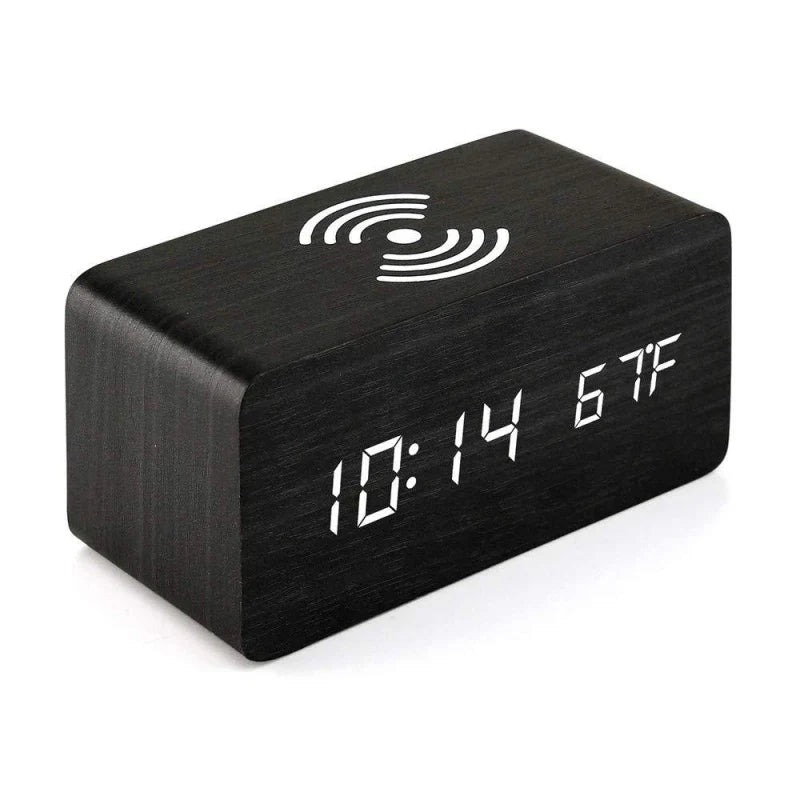 Voice Control Wooden Digital Alarm Clock Wireless Charging Temperature Date Night Mode Table Clock 3 Alarm 12/24H LED Clock