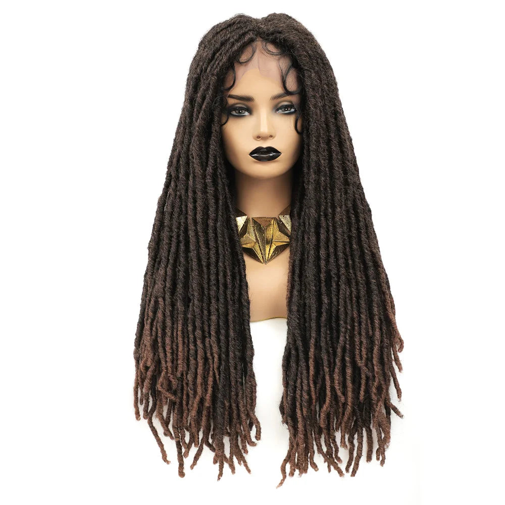 SOKU Braided Wig Middle part Lace Wig With Faux Locs Crochet Braid Hair 26 Inch Long Dreadlock Ombre Brown Synthetic Braids Wigs