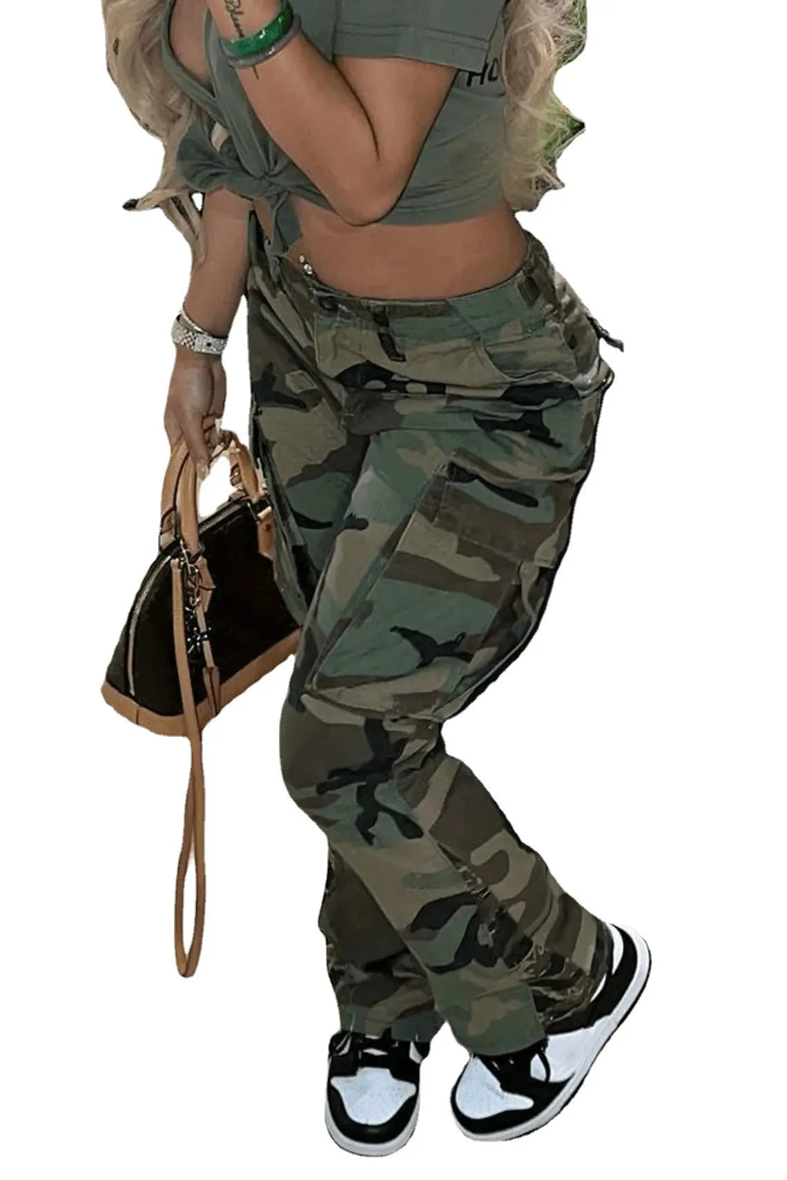 Perl Plus Size High Waist Camouflage Cargo Pants for Women Casual Straight Trousers Street Female Capris Fashion Lady Clothing