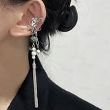 Vintage Chinese Style Artificial Jade Tassel Flower Ear Clip No Piercing Earring 2022 Trendy Punk Metal Ear Cuff Clip Earring