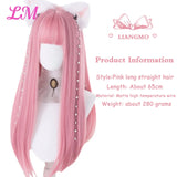 LM Cosplay Wig With Bangs Synthetic Straight Hair 24 Inch Long Heat-Resistant Pink Wig For Women