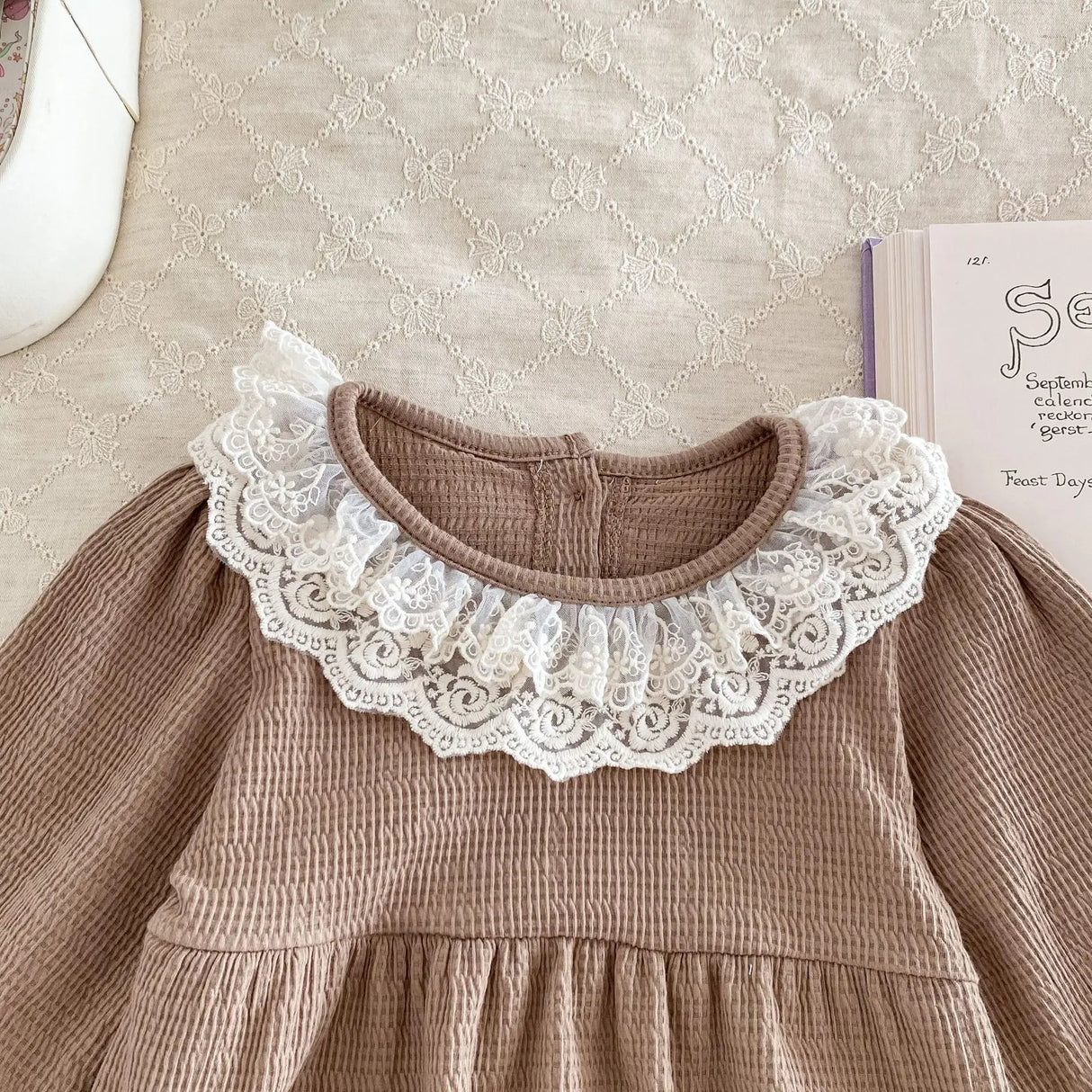 2PCS Spring Lace Collar Waffle Infant Baby Girl Bodysuit With Headband One Piece Romper for Newborns Cute Princess Set Clothing