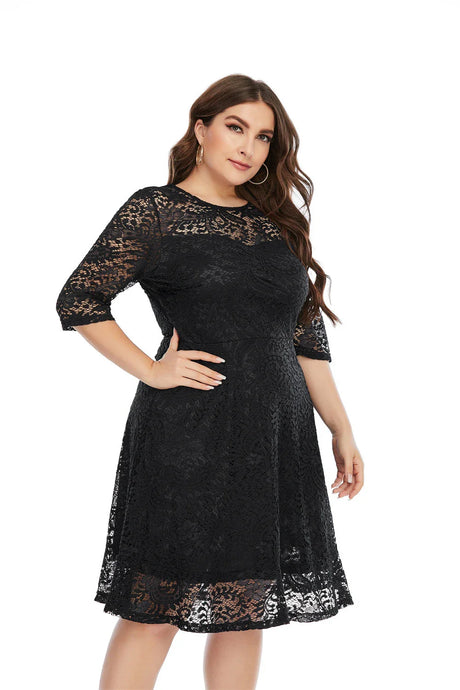 Plus Size Contrast Lace Semi Sheer 3/4 Sleeve Midi Dress, Women's Plus Slight Stretch Elegant Midi Dress