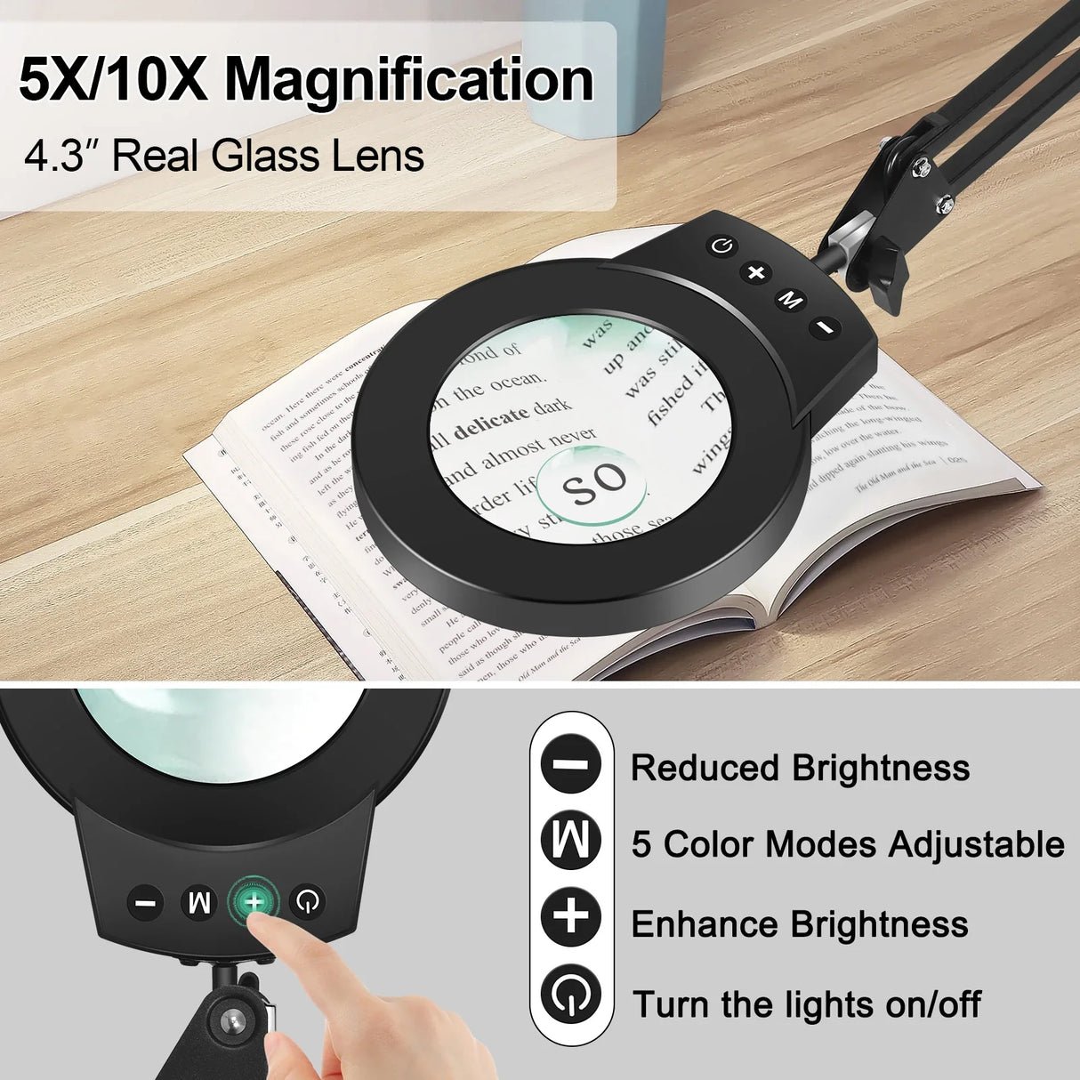 NEWACALOX 10X/5X Magnifier 5 Colors Illuminated Magnifying Glass Touch Control Table Lamp for Soldering Close Work RepairingTool