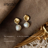 Baroque Shaped Irregular Freshwater Pearl Matte Stud Earrings for Women Temperament Retro Copper Plated 14k Gold Jewelry