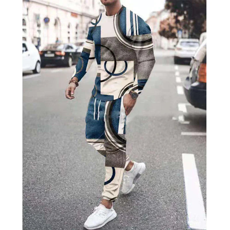 Fashion Men T-shirt Tracksuit Sets Casual 3D Print Outfit Jogging Sportwear Long Sleeve Shirt Trousers Suit Oversize Clothes