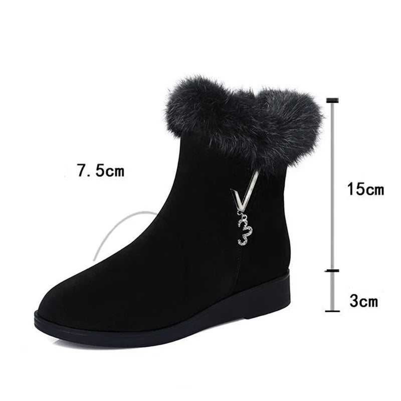 Women Flats Shoes Platform Fur Crystal Luxury Chelsea Ankle Boots Winter 2023 New Trend Warm Short Plus Cotton Goth Snow Boots