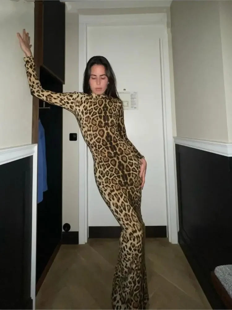 Sexy Leopard Print Dress Women Long Sleeve Turtleneck Slim Midi Female Dresses 2024 Spring Summer Fashion Bodycon Vestidos