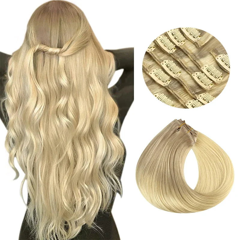 Clip In Human Hair Extensions Straight Natural Light Brown Honey Ombre Balayage Black Hair Pieces For Women Clip-in Full Head