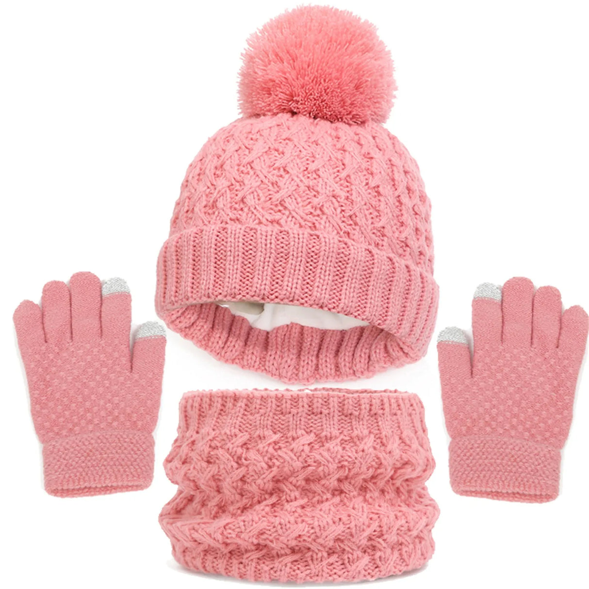 Kids Winter Hat Gloves Scarf Set Girls Toddler Children Hats With Pom Knit Neck Warmer Gaiter Mittens Fleece Lined Sets