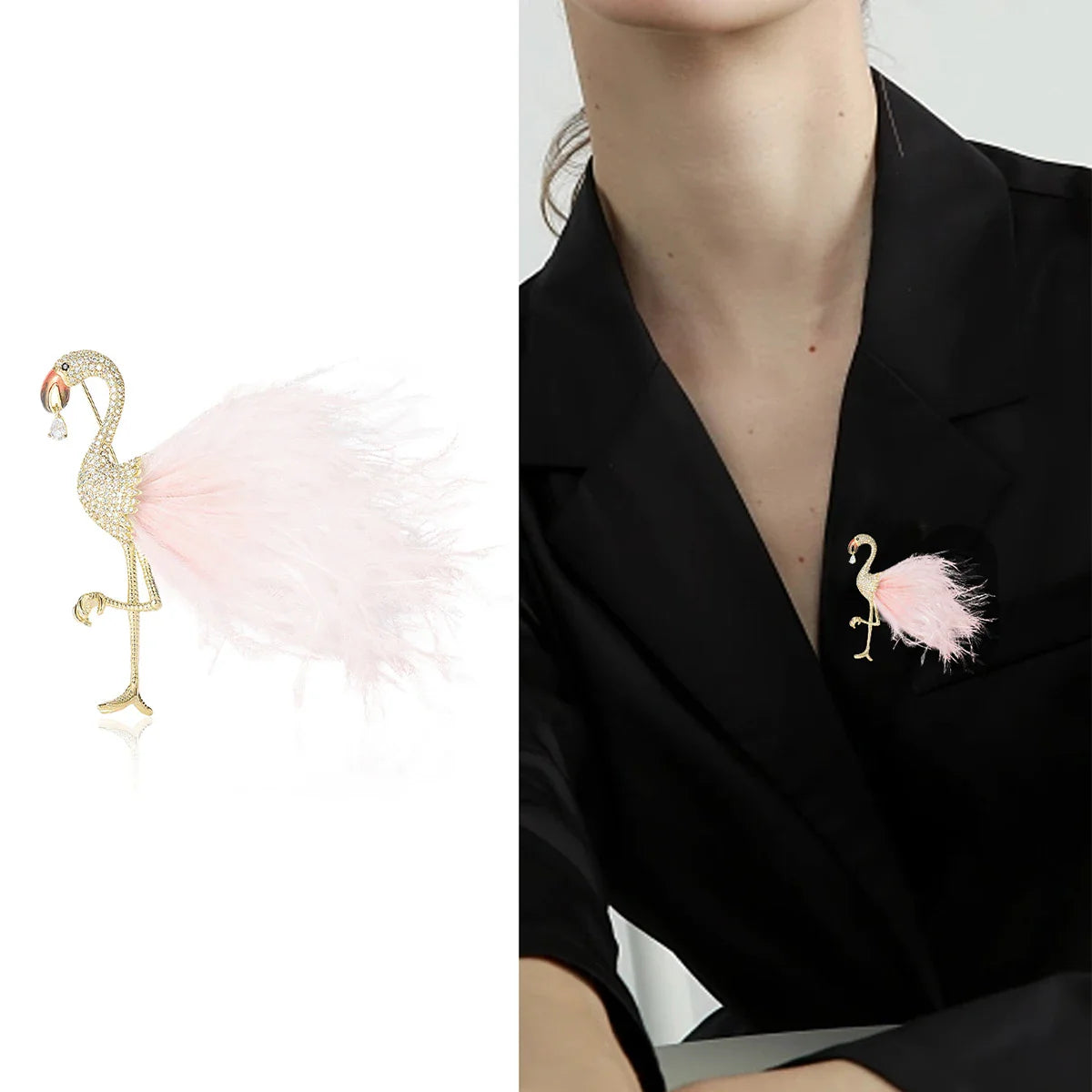 14K Gold Plated Bird Brooches for Women 3-color Feather Flamingo Hand Inlaid With Zircon New Year Brooch Pin Friends Gifts