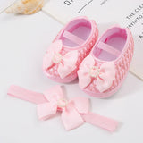 0~18M Cute Bowknot Newborn Baby Shoes Headband Set Anti Slip Toddler Infant First Walker Baby Girls Newborn Soft Sole Pink Shoes