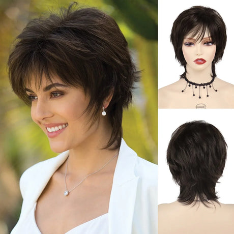 GNIMEGIL Synthetic Short Pixie Cut Wig Women Natural Hairstyle Bangs Wig Blonde Mix Brown Soft Straight Wig for Chemo Patient