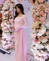 Booma Pink Elegant Mermaid Evening Dresses Long Sleeves Pleated Prom Gowns for Women Boning Long Formal Occasion Dresses