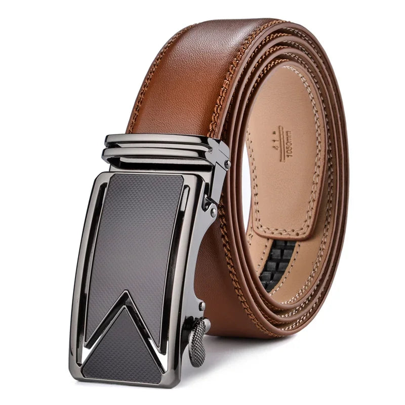 Plyesxale Men Belt 2024 Cowhide Genuine Leather Belts For Men Luxury Automatic Buckle Belts Brown Black Cinturones Hombre B55