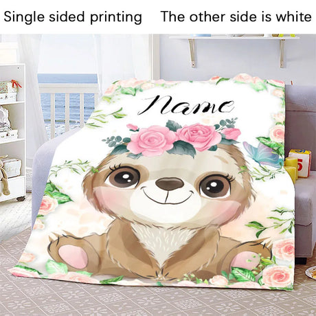 Custom Name Blanket Kawaii Baby Girl Boy Kids Personalized Blankets Cartoon Animal Cute Soft Flannel Throw Blanket Birthday Gift