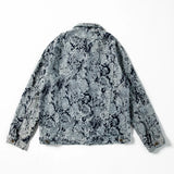 Men Ripped Distressed Denim Jacket Flower Jacquard Weave Embroidery Coat Loose Long Sleeve Outerwear