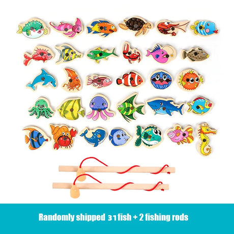 Wooden Magnetic Fshing Game Cartoon Marine Life Cognition Fish Rod Toys for Children Early Educational Parent-child Interactive