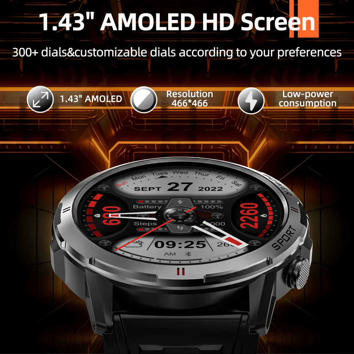 WEOFLY Smart Watch 1.43inch Large AMOLED Screen BlE5.2 Calling Wristband Heart rate detection Men Sport Smartwatch Outdoor