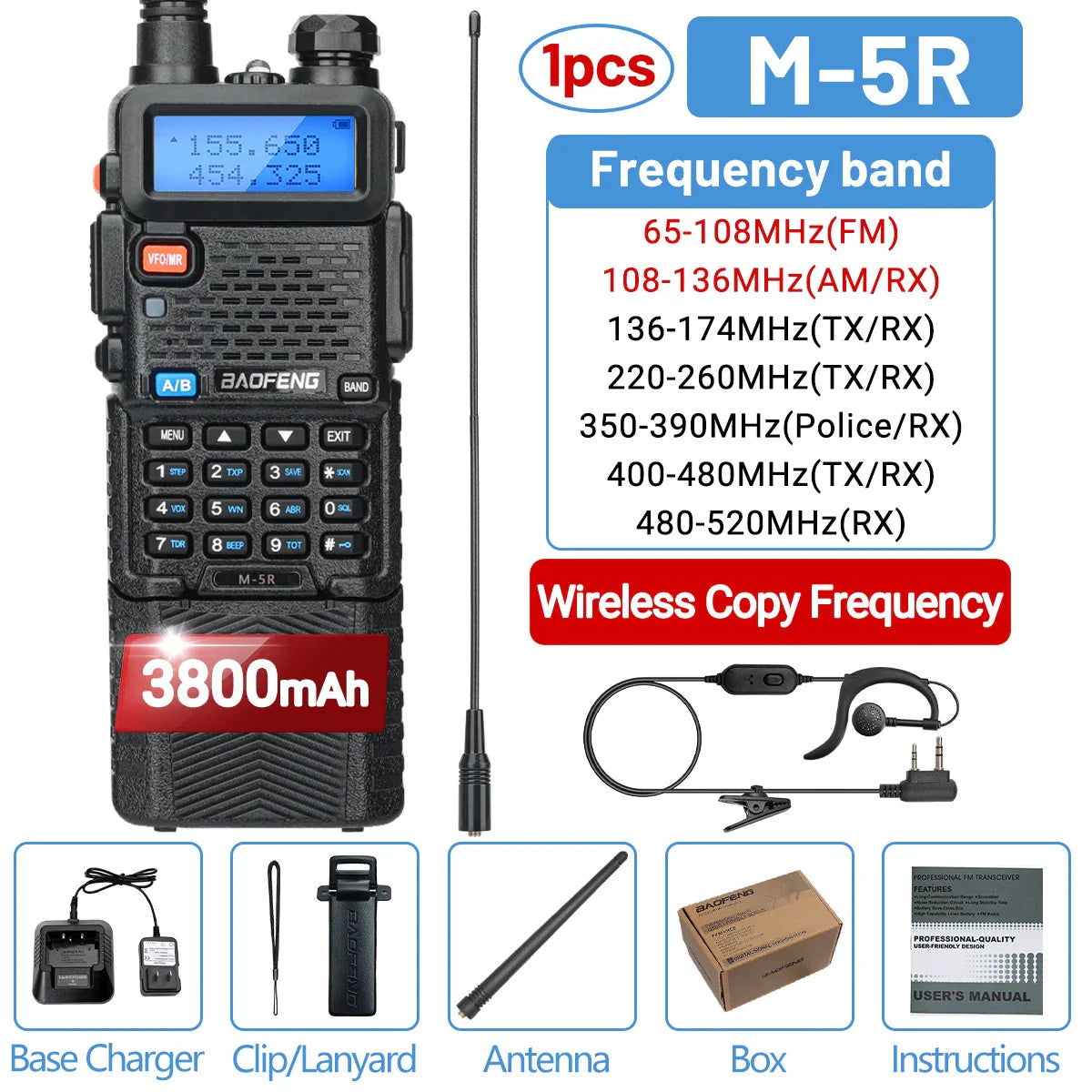 1/2PCS Baofeng M-5R Walkie Talkie Air Band 3800mAh Battery Wireless Copy Frequency Long Range AM  Ham UV-5R K5 Two Way Radio