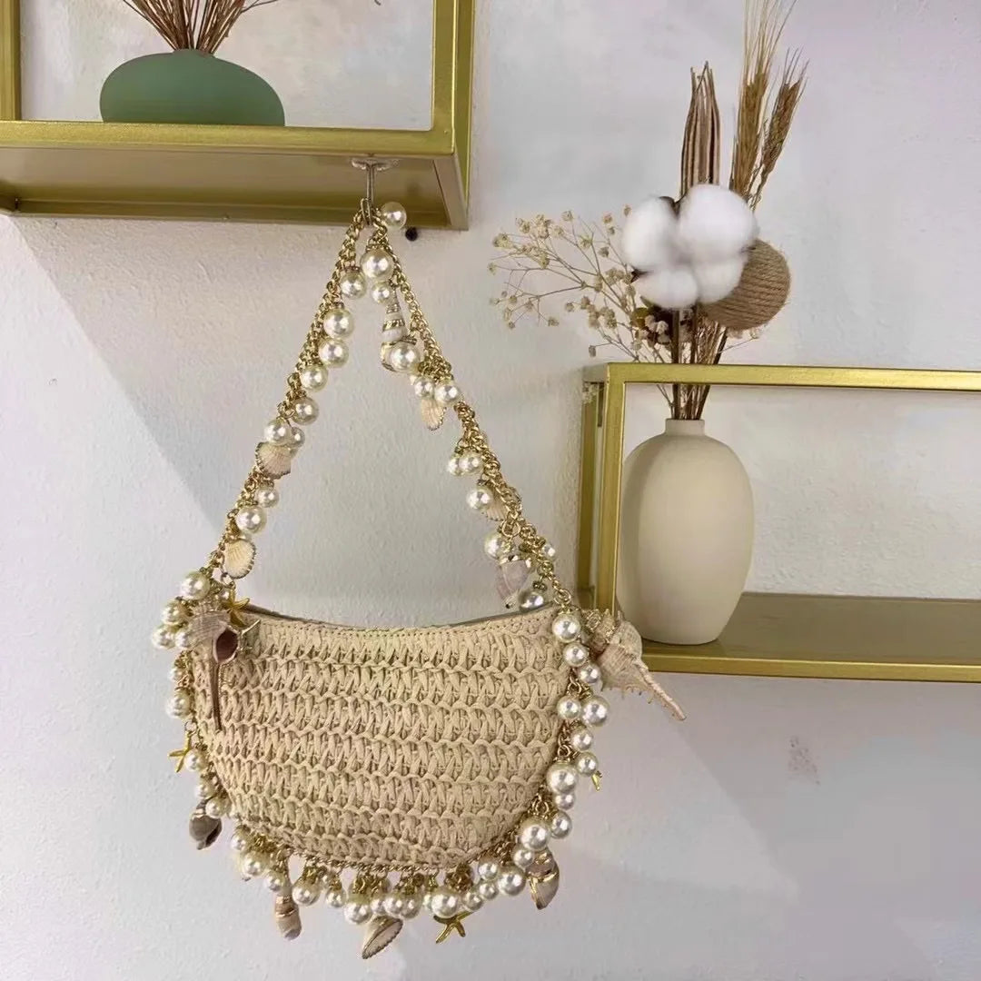 2023 New Straw Bags for Women DIY Shell Pearl Handmade Woven Ladies Handbags Bohemian Travel Beach Totes Clutch Bag Female