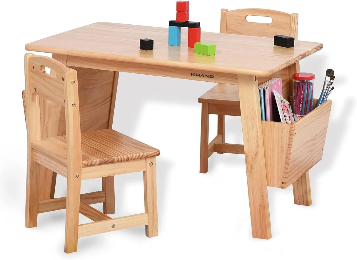 Kids Solid Wood Table and 2 Chair Set with Storage Desk and Chair Set for Children Toddler Activity Table