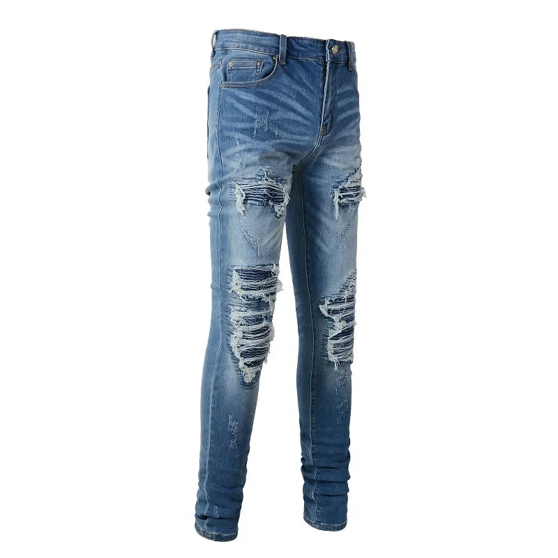 Men Stretch Denim Biker Jeans Classic Blue Pleated Patch Patchwork Ripped Pants Streetwear Skinny Tapered Trousers