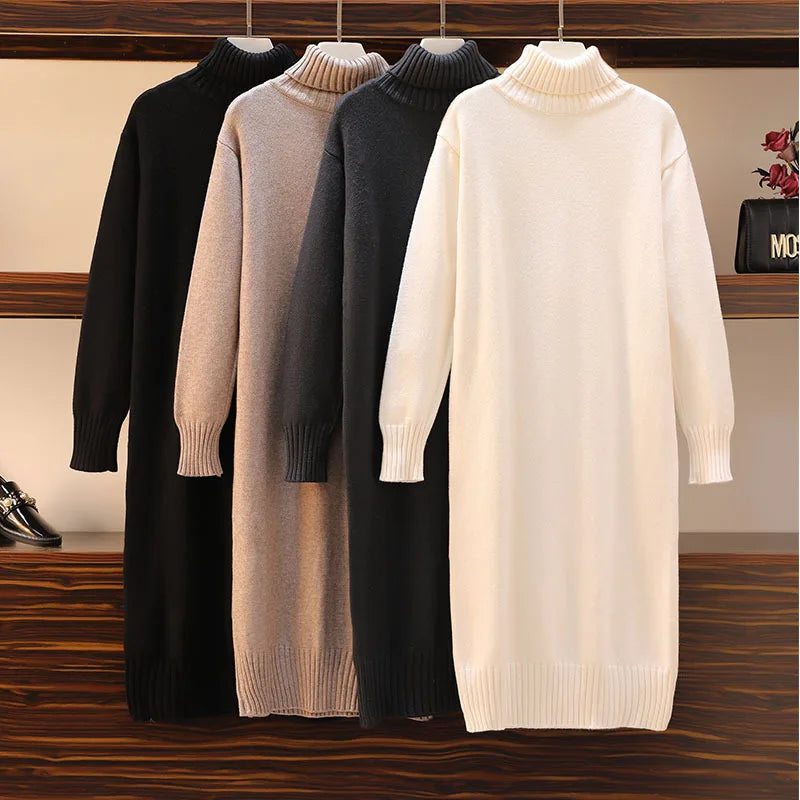 Knitted dress autumn and winter women's loose long sweater pullover turtleneck solid casual female