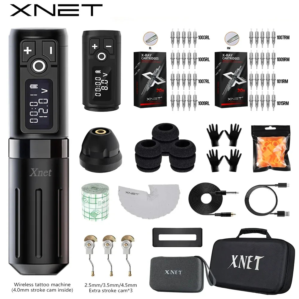 XNET Plus Wireless Tattoo Machine Pen Kit Extra 2.5/3.5/4.5mm Multi Stroke 40Pcs Mixed Tattoo Cartridge for Tattoo Artists