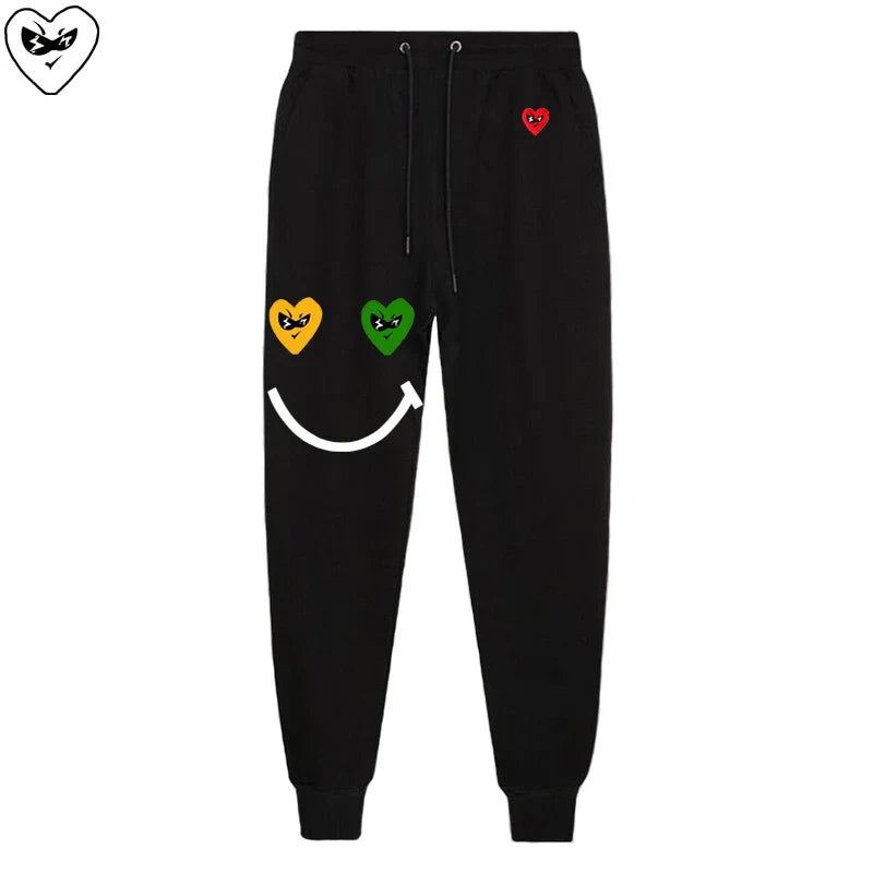 Men Women Spring Autumn Pants Heart Cartoon Embroidery Smiling Face Print Cotton Elastic Bind Feet Drawstring Casual Pants