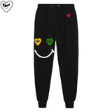 Men Women Spring Autumn Pants Heart Cartoon Embroidery Smiling Face Print Cotton Elastic Bind Feet Drawstring Casual Pants