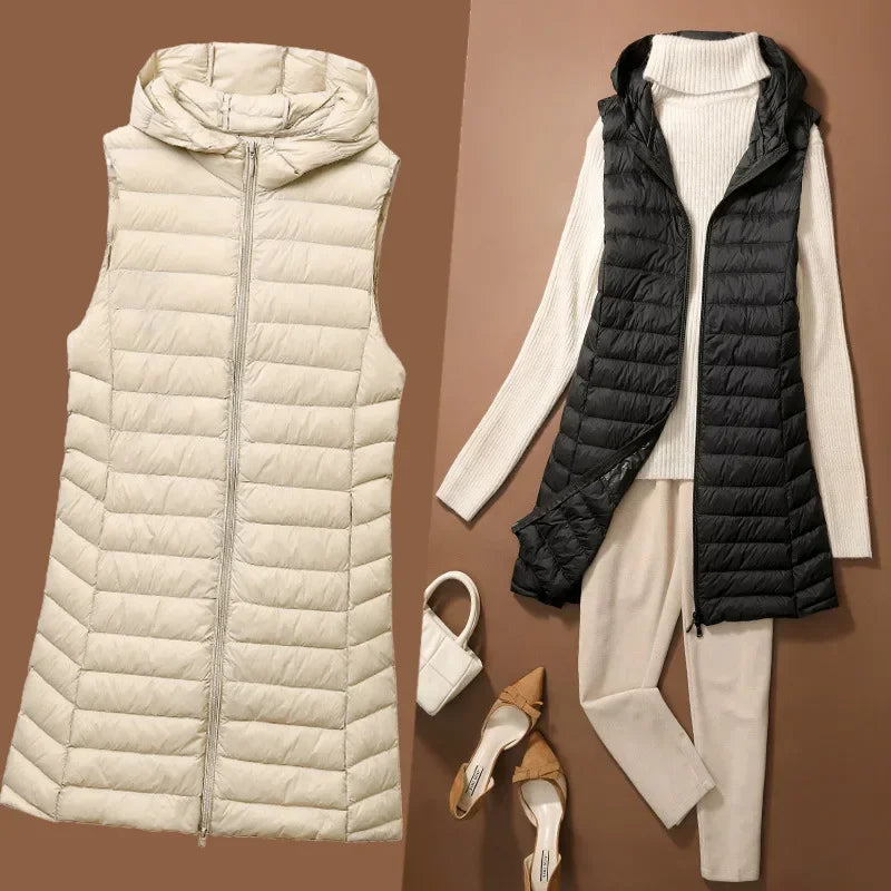 Women's Autumn/Winter X-long Hooded Sleeveless Jackets 2023 New White Duck Down Female Slim Fit Office Lady Warm Vest Coat