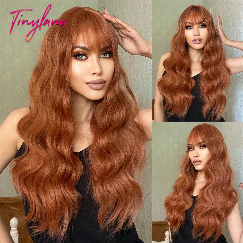 Long Curly Orange Brown Ombre Synthetic Wavy Wigs with Bangs Ginger Cosplay Party Wig for Women Afro Natural Hair Heat Resistant