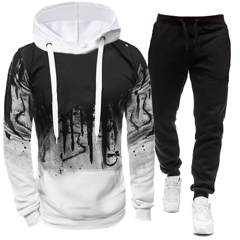 2023 Sportswear Men's casual Hoodie pants 2-piece autumn and winter jogging splash ink long sleeve splash ink sweater suit S-4XL