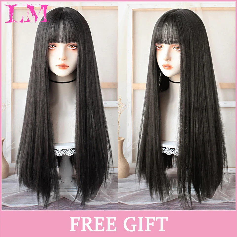 LM Cosplay Wig With Bangs Synthetic Straight Hair 24 Inch Long Heat-Resistant Pink Wig For Women