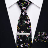 Yourties Men's Cotton Champagne Necktie with Clip Pocket Square Set for Wedding Business Causal Blue Floral Print Tie for Man