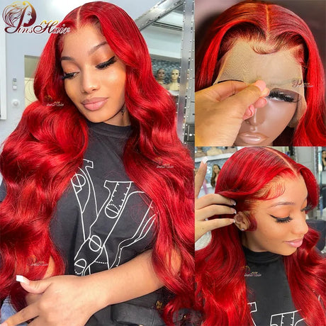 Red Lace Front Wig Human Hair Body Wave 13x6 Transparent Lace Frontal Wig Red Burgundy Remy Human Hair Pre Plucked 34 inches