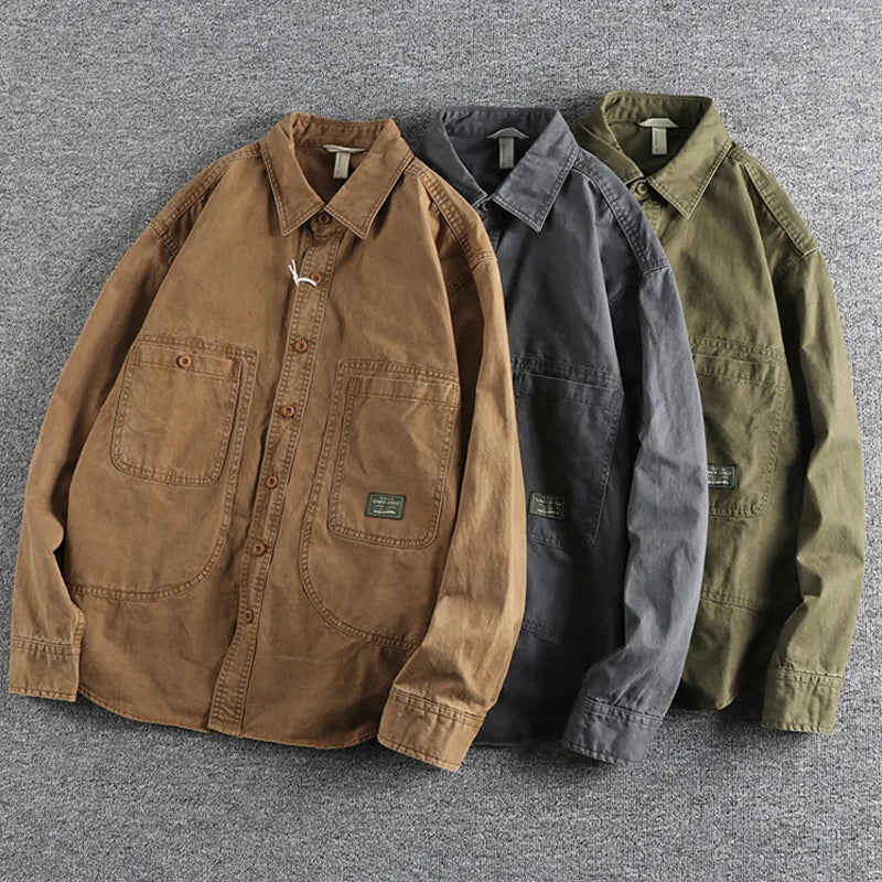 Tough Guy Style Heavyweight Washed Old Work Shirt Men's American Cargo Styles Daily Casual Versatile Long Sleeve Shirt Jacket