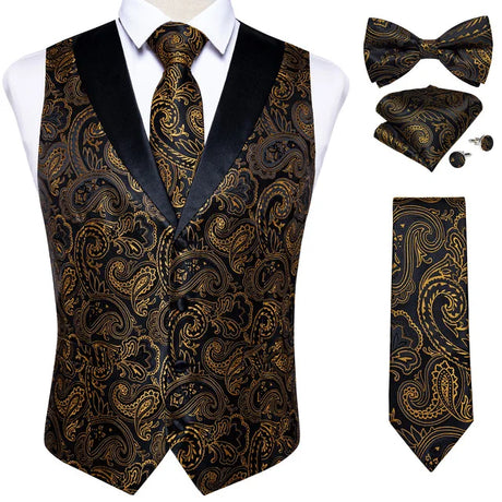 Brand Suit Vest Set For Men Luxury Silk Black Gold Paisley Dress Vest Tie Cufflinks Handkerchief Set Male Sleeveless Waistcoat