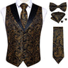 Brand Suit Vest Set For Men Luxury Silk Black Gold Paisley Dress Vest Tie Cufflinks Handkerchief Set Male Sleeveless Waistcoat