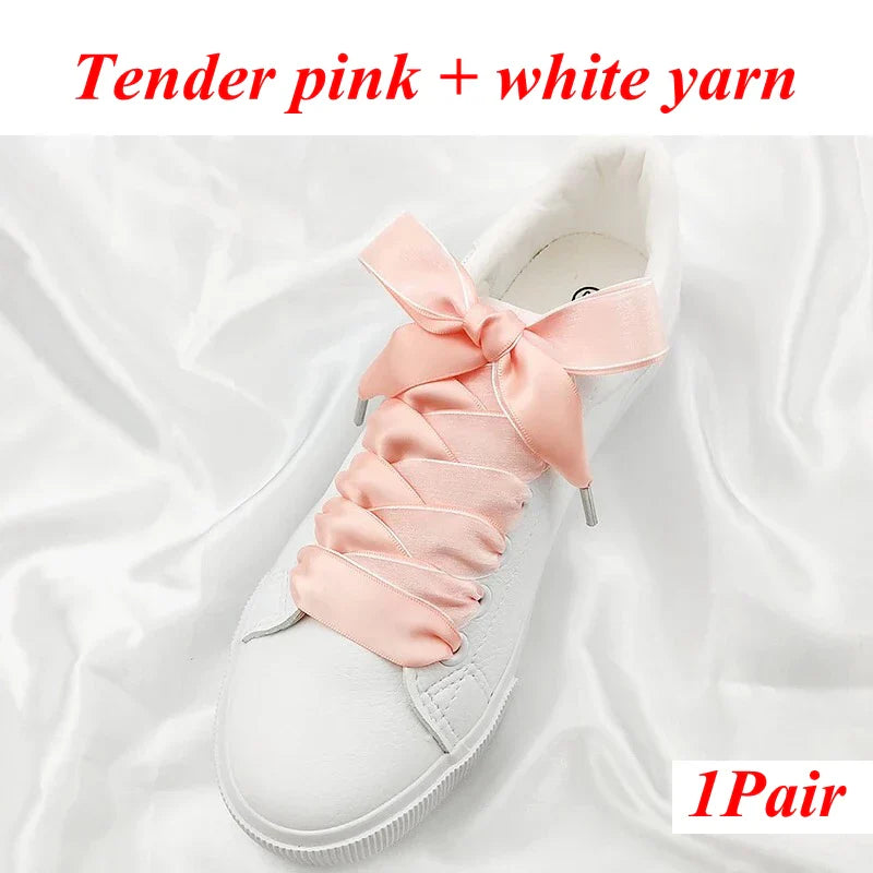 1 Pair Silk Shoe Laces Satin Ribbon Flat Shoelaces Girls Casual Canvas Shoes Double-sided Weaving White Shoe Lace Accessories